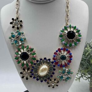 J. Crew Statement Brulee Starburst Runway Floral Gemstone Necklace Multi Color